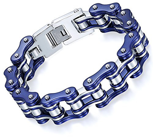 OIDEA Herren Armband Fahrradkette Motorradkette: Blau Armkette aus Edelstahl 16MM breit Biker Gliederkette Armreif Armschmuck Punk Rock Handgelenk 22CM Armkette Geschenk für Männer