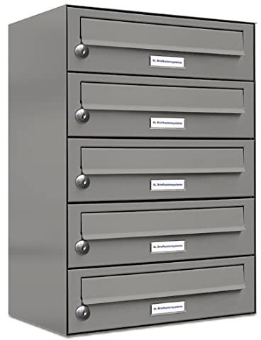 AL Briefkastensysteme 5er Briefkastenanlage Aluminiumgrau RAL 9007, Premium Briefkasten DIN A4, 5 Fach Postkasten modern Aufputz