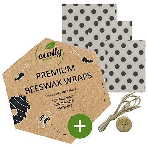 ecolly Bienenwachstücher 3er-Set (S, M, L), Bienenwachspapier, Beeswax Wrap, Plastikfrei & wiederverwendbar, OHNE Jojobaöl, inklusive Knopf & Baumwollfaden - Grey Spots