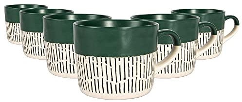 Nicola Spring Ceramic Coffee Mugs Set - 475ml - 6pc Sage Dipped Dash Stoneware Coffee Cups Dishwasher & Microwave Safe Large Tea Mugs for Hot Drinks, Hot Chocolate, Tea