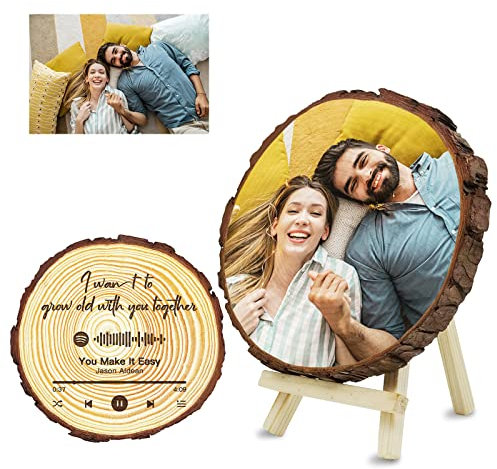 KEYE Personalisierte Holzscheibe mit Foto Scannbar Spotify Code, Baumscheibe mit Fotogravur, 15cm Naturholz, Personalisierte Geschenke zum Jubiläum Jahrestag Hochzeit Dekor