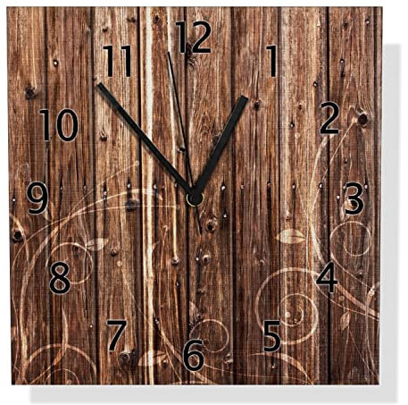 Wallario Design Wanduhr Holz in Dunkelbraun mit Blumenmuster - Schnörkel aus Aluverbund, Alu-Uhr Größe 30 x 30 cm, Schwarze Zeiger mit Metalloptik