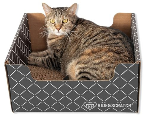 HIDE & SCRATCH Caja rascadora de cartón resistente para gatos y cama para gatos con almohadilla de cartón recargable de doble cara para gatos de interior