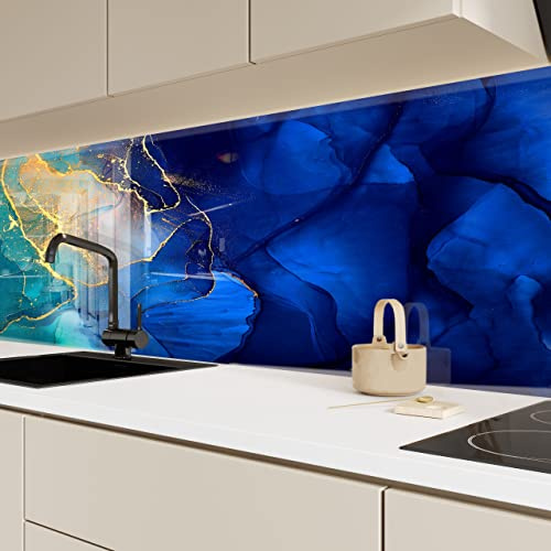 Myphotostation Abstract Marble Tempered Glass Backsplash 28Wx18H'' Blue Splashback for Kitchen Decor Bathroom Wall Protector Stove Backsplash Panel Tile Glass Splashback