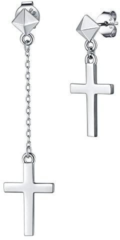 Boucles d'oreilles Croix Chretienne Femme Argent 925 Pendentif Oreille Homme Asymétrique Grimpeur Clou Rivet Punk Oreille Lisse Bijoux Unisexe Amulette de Protection Hip Hop