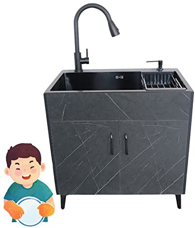 Evier inox professionnel Evier Cuisine 1 Bac,Meuble Sous evier exterieur de jardin avec Robinet et Tuyau, pour Faire la Plonge Cuisine de Restaurants,Salle de Bain,Exterieur Intérieur ( Color : Nero ,