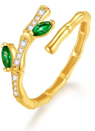 CRYSLOVE 925 Sterling Silber Ringe für Frauen Bamboo Grüner Blattring Ring 14K Vergoldet Verstellbar Natürliche Offener Ringe Damen Schmuck Personalisierte Geschenke
