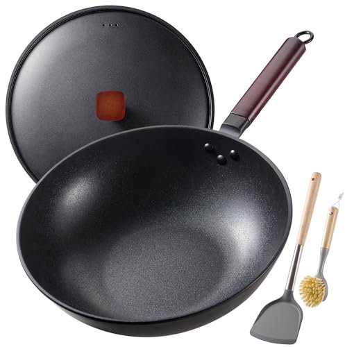 Teewe Wok in acciaio al carbonio -13 pollici wok e padelle antiaderenti, padella wok con coperchio spatola e spazzola per piatti: wok cinese pre-stagionato fondo piatto per induzione, elettrico, gas,
