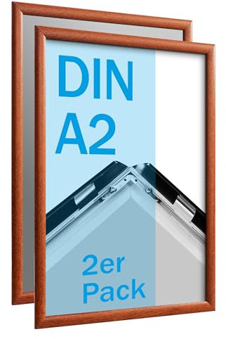 SPRINTIS Klapprahmen A2 aus Aluminium, Rahmen in dunkler Holzoptik, 2 Stück Plakatrahmen mit 2,5 cm Rahmenbreite, inkl. UV-Schutzfolie & Befestigungsmaterial