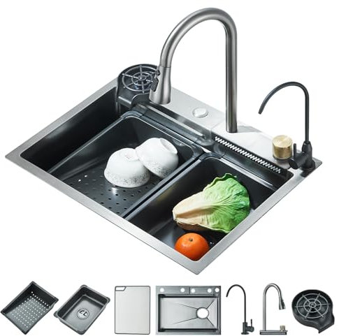 JUNSHENG Lavello da Cucina, Lavello in Acciaio Inox con Miscelatore, Lavello Sottopiano (60 X 45cm),Lavello con Miscelatore Orientabile a 360 Gradi, Lavello da Cucina (Grigio Argento)
