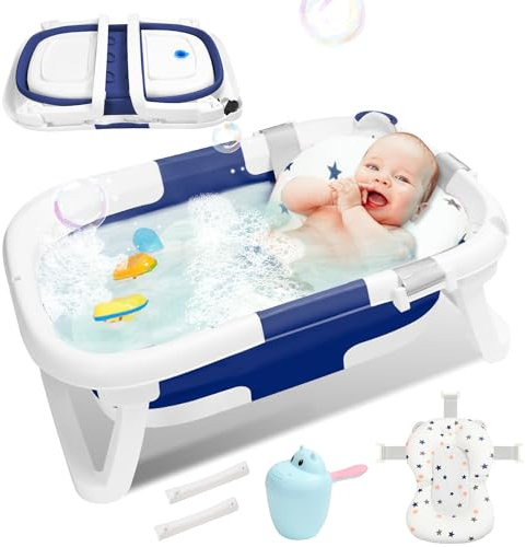 Daromigo Baignoire Bébé Pliable, Baignoire pour Bébé avec Thermomètre, Coussin, Rince Tete Bébé, Antidérapant BéBé Nouveau-né Enfants Bathtub de 0 à 36 mois, Ergonomique et Peu Encombrante, Bleu