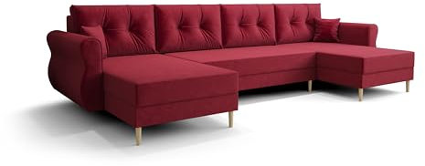 roe furniture Ecksofa mit Schlaffunktion 300x140x93 cm - Wohnlandschaft U Form - Kollektion Apollo U - Sofa U Form - Eckcouch mit Bettkassen - Rotwein