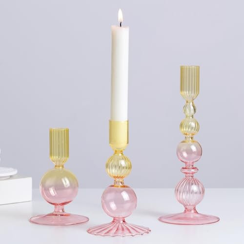 Glasseam Bougeoirs en Verre : Bougeoirs De Couleur DéGradéE Lot De 3 Bougeoirs pour DéCoration D'IntéRieur Bougeoirs en Verre Jaune Et Rose pour Bougies DéCorations De Table De NoëL