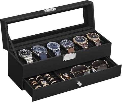 SONGMICS Uhrenbox, Uhrenkasten mit Glasdeckel, 2 Ebenen, für 6 Uhren, abschließbar, 1 Schublade, für Ringe, Armbänder, Geschenkidee, PU-Bezug in Schwarz, Innenfutter in Schwarz JWB060B02