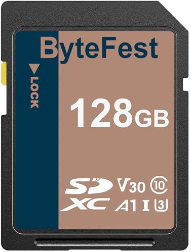 ByteFest Carte SD 128Go, Carte SDXC Mémoire SD UHS-1 Classe 10, A1, U3, V30, 4K UHD Vidéo, pour Appareil Photo, DSLR, Photographe Professionnel