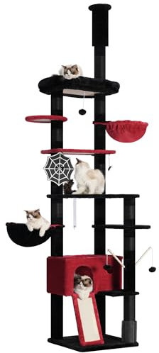 Hey-brother Gothic Cat Tree, 98.4-110.2 Inches Floor to Ceiling Cat Tree-Adjustable Height, Tall Cat Climbing Tower for Cats Large Adult with Scratching Post, Cat cando, Black and Red 0MPJ091BR