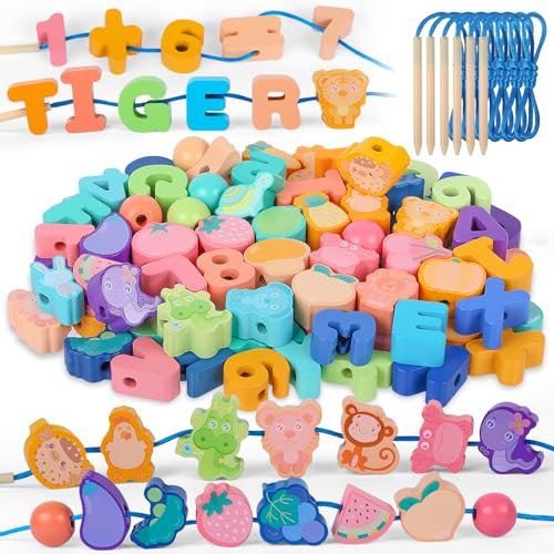 KMFYMPT 96 Stück Montessori Holzspielzeug, Fädelspiel Motorikspielzeug Lernspielzeug Montessori Spielzeug ab 2 3 4 5 6 Jahre für Kinder, Holzperlen Enthalten Obst Tiere Buchstaben Zahlen Runde Perlen