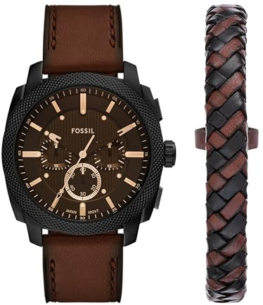 Fossil Herren-Chronograph aus Edelstahl, Braunes Leder/schwarzes Geschenk-Set, 44MM, Maschinenchronograph