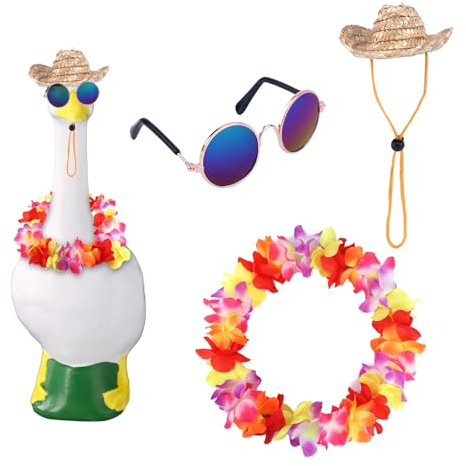 BOXOB Veranda Gans Outfits, Sommerkleidung Veranda Gänse mit Niedlicher Sonnenbrille Verstellbarem Hut Hawaiianischer Girlande Buntes Kostüm für Garten Retro Pet Cosplay Party Terrasse Hof