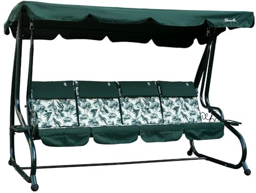 Dondolo da giardino con Funzione Reclinabile in Letto con tettuccio regolabile, cuscini imbottiti 7 cm con poggiatesta rimovibili e struttura in acciaio verniciato Mizar (Verde Begonia, 4 Posti)