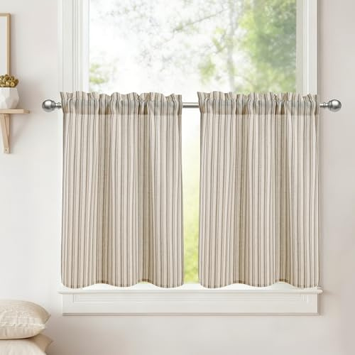 DWCN Scheibengardinen Leinenoptik Küchengardinen Vorhänge Kurz H45xB60cm | Taupe Gestreift, 2 Stück Halbtransparent Gardinen Modern für Bistrogardine Schrankvorhang Wohnzimmer Fenstervorhänge