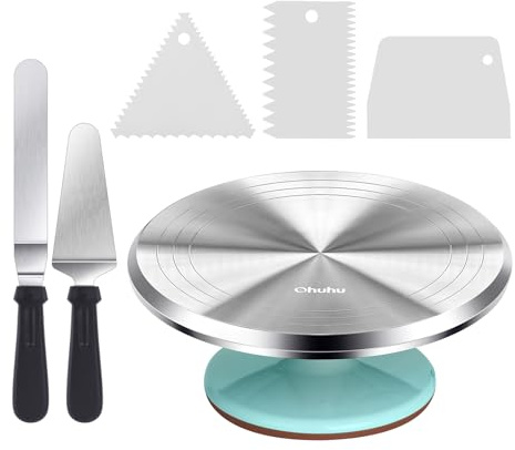 Ohuhu Tortenplatte Drehbar, Aluminiumlegierung Drehteller Torte 30 cm mit 2 Streichpaletten und 3 Teigschaber, Drehbare Tortenplatte für Tortendekoration & Backen, Geschenk für Familie & Freunde