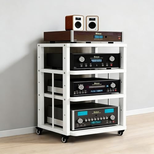 POPICK 3/4-stufiger HiFi Rack mit Rädern, Audio Regal aus Holz & Metall, Medienständer mit Verstellbaren Ablagen, Mobiles HiFi Rack auf Rollen für Plattenspieler, Verstärker, Stereoanlagen, Wohnzimme