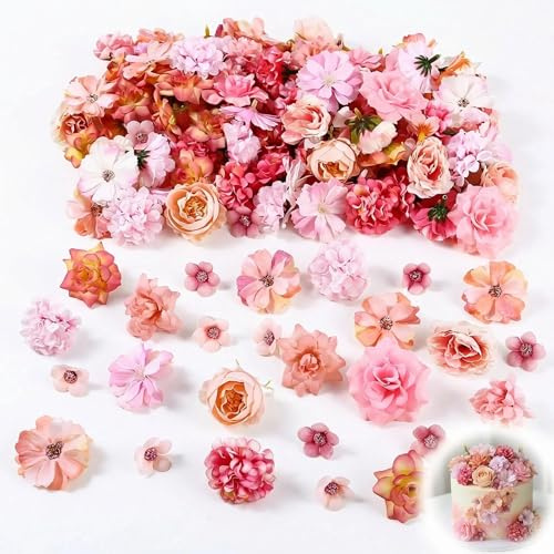 LUVDECO 50 Stück künstliche Blumen, Seide, Kunstblumen, gebrauchsfertig für Kuchendekoration, Party, DIY-Geschenkverpackungen und Blumenwand, Brautstrauß (Rosa)