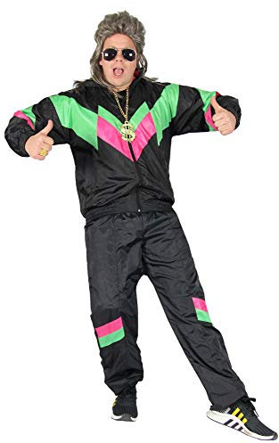 Foxxeo Costume da Uomo in Tuta degli Anni '80 per Carnevale e Festa in Costume, Nero-Verde-Rosa, Taglia XL