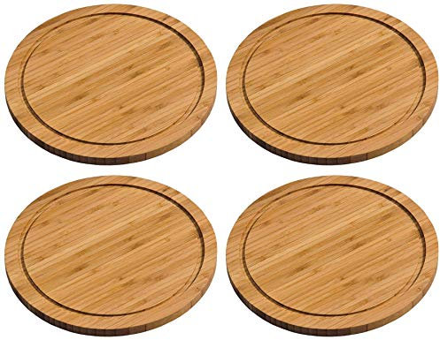 4er Set Vesperteller Bambus mit Rille, rund 25cm, Kesper Fleischteller, Schneidebrett, Servierteller, Küchenteller,