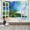 ABAKUHAUS Tropisch Wandteppich und Tagesdecke, Üppige grüne Fensteransicht aus Weiches Mikrofaser Stoff Waschbar ohne Verblassen Digitaldruck, 230 x 140 cm, Weiß Himmelblau