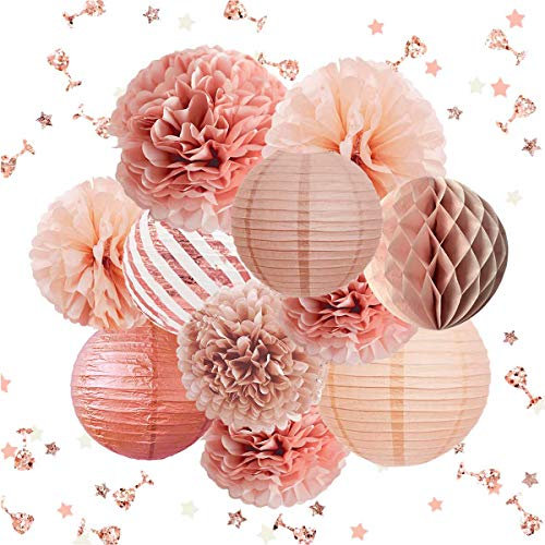 NICROLANDEE Lot de 12 décorations de fête en or rose - Pompons en papier - Lanternes à paillettes - Confettis - Pour la Saint- un mariage, une fête prénatale, un enterrement de vie de jeune fille
