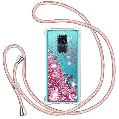 Funda con Cuerda para Xiaomi Redmi Note 9, Carcasa Brillante Glitter Transparente TPU Silicona Protección Case con Ajustable Colgante Correa de Cuello Cadena Cordón, Caso de Arena movediza in Rosa