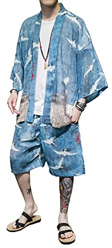 DOSLAVIDA Kimono pour homme - Style japonais - 7 manches - Short ouvert sur le devant - Yukata, bleu 1, XX-Large