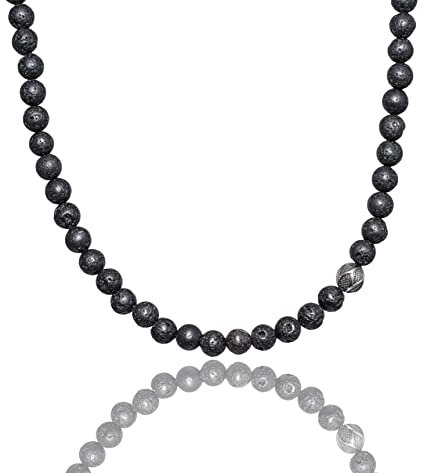 David Galvani ® Perlen Halskette für Herren mit Edelstahlbeads - Mit Schmuckschachtel - Geschenkidee für Männer (50, Schwarz/Lava)