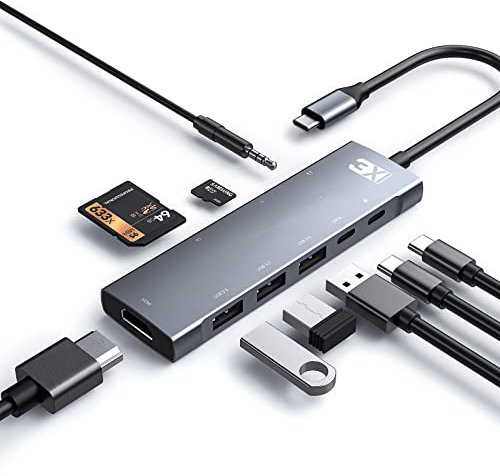 3XI USB C Hub 9in1 Typ C Adapter mit 4K HDMI,3 USB3.0, 100W PD, SD/TF Kartenleser,USB-C 5Gbps Datenanschluss,3.5mm Audio Buchse,für iPad Pro/Air/Mini,MacBook Pro/Air