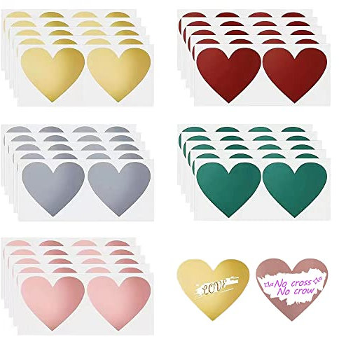 WUDQIJI Rubbel Etiketten Rubbellose 50 Stück 7 x 8cm Herz Rubbelsticker scratch sticker Rubbelaufkleber Herz Rubbelkarten Rubbelettiketten Selbstklebend für Postkarten Geschenke(5 Farben)
