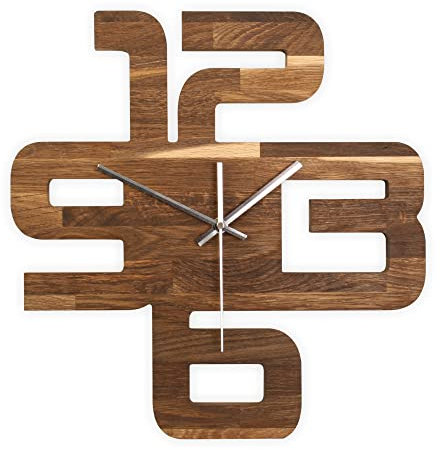 Kreative Feder Designer-WANDUHR „Time“ aus geräuchertem EICHENHOLZ mit Zeigern aus gebürstetem Aluminium - Designeruhr mit flüsterleisem Uhrwerk (leises Funkuhrwerk, Eiche geräuchert)