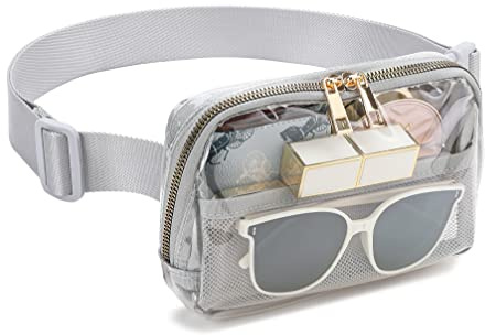kuifang Transparente Bauchtasche für Damen und Herren, Stadion-zugelassene Hüfttasche mit verstellbarem Riemen, wasserabweisend, durchsichtige Geldbörse für Reisen, Workout, Laufen, Wandern (Grau)
