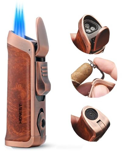 HONEST Encendedor de Chorro de Llama Triple, Ventana de Gas Visible, Intensidad de Llama Ajustable Recargable, Encendedor de Bolsillo, Regalo para Hombres, Barbacoa, Cocina, Chimenea (Marrón)