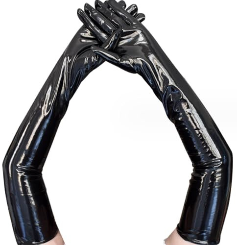 YLYMWJ Long Elbow Gloves - Black Shiny Patent Leather Opera Party Evening Shirred Elbow Length Gloves for Halloween