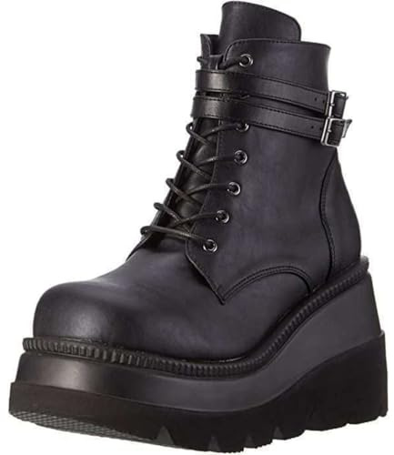 ticticlily Stivaletti Donna Zeppa Alta Caviglia Stivali Plateau Tacco Alto con Stringate Cerniera Laterale Pizzo Fibbia Sneakers Stivali Corti Punk A Tubo Medio con Suola A Nero 37 EU