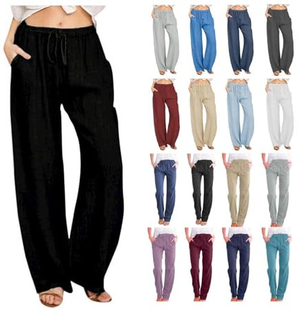 AACH Angebote Heute Damen Freizeit Hose Sommerhose mit Kordelzug und Taschen Freizeithose Casual Einfarbig Bequeme Leinenhose aus Baumwolle Leinen Stoffhose Einfarbig