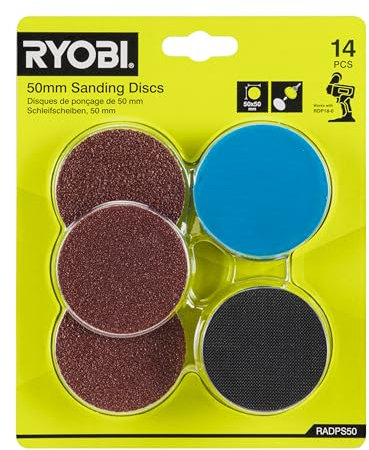 Ryobi - Lot de 14 disques de ponçage 50 mm pour polisseuse RDP18 : grain 60 / 80 / 120 / 400 / 800 / 1 200 / 1 500 / 2 000 - RADPS50