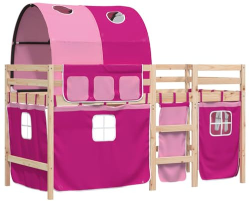 vidaXL Kinder Hochbett, Kinderbett mit Tunnel, Spielbett Bett für Kinder ab 6 Jahren, Etagenbett Bettgestell, Rosa 90x200cm Massivholz Kiefer