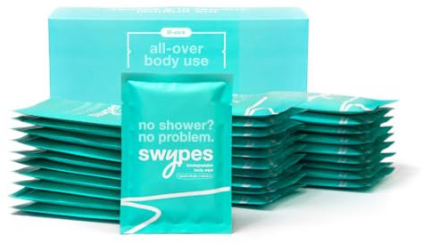 Swypes Lot de 30 grandes lingettes corporelles 100 % biodégradables double face sans rinçage pour le visage et le corps | Infusées de vitamine E | Pour salle de sport, voyage, camping, festivals,
