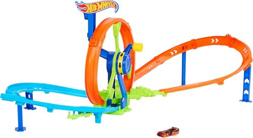 Hot Wheels Spielzeugauto Streckenset, Schnellstart- und Looping-Spielset und Die-Cast-Fahrzeug im Maßstab 1:64, Streckenset mit 8er-Kurve, Crash-Zone und Looping-Kicker, JBX65