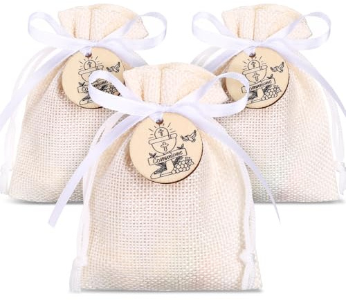 LEMESO Sacchetti Portaconfetti Comunione Sacchetti Juta 24 pz Bomboniere Comunione Bambini Sacchetti Confetti Comunione con Ciondoli di Legno Comunione Motivo Calice UVA