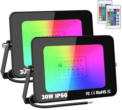 YOJZMA 2pcs 30W RGB Projecteur LED Extérieurs avec Télécommande, 16 Couleurs 4 Modes Fonction Mémoire Exterieur Interieur Projecteur, IP66 Etanche Neon Spot LED pour Jadin, Terrasse Patio, Fête