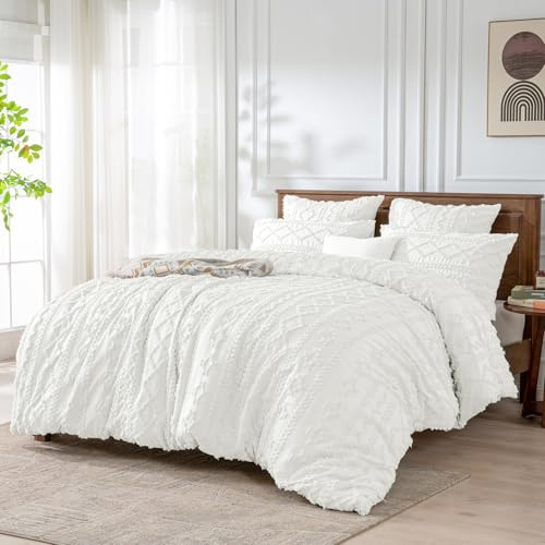 Luofanfei Boho Getuftete Bettwäsche 135x200 Weiß Bohemian Wende Bettwäsche Set Microfaser Stickerei Geometrisches Muster Bettbezug und Kissenbezug 80x80cm mit Reißverschluss